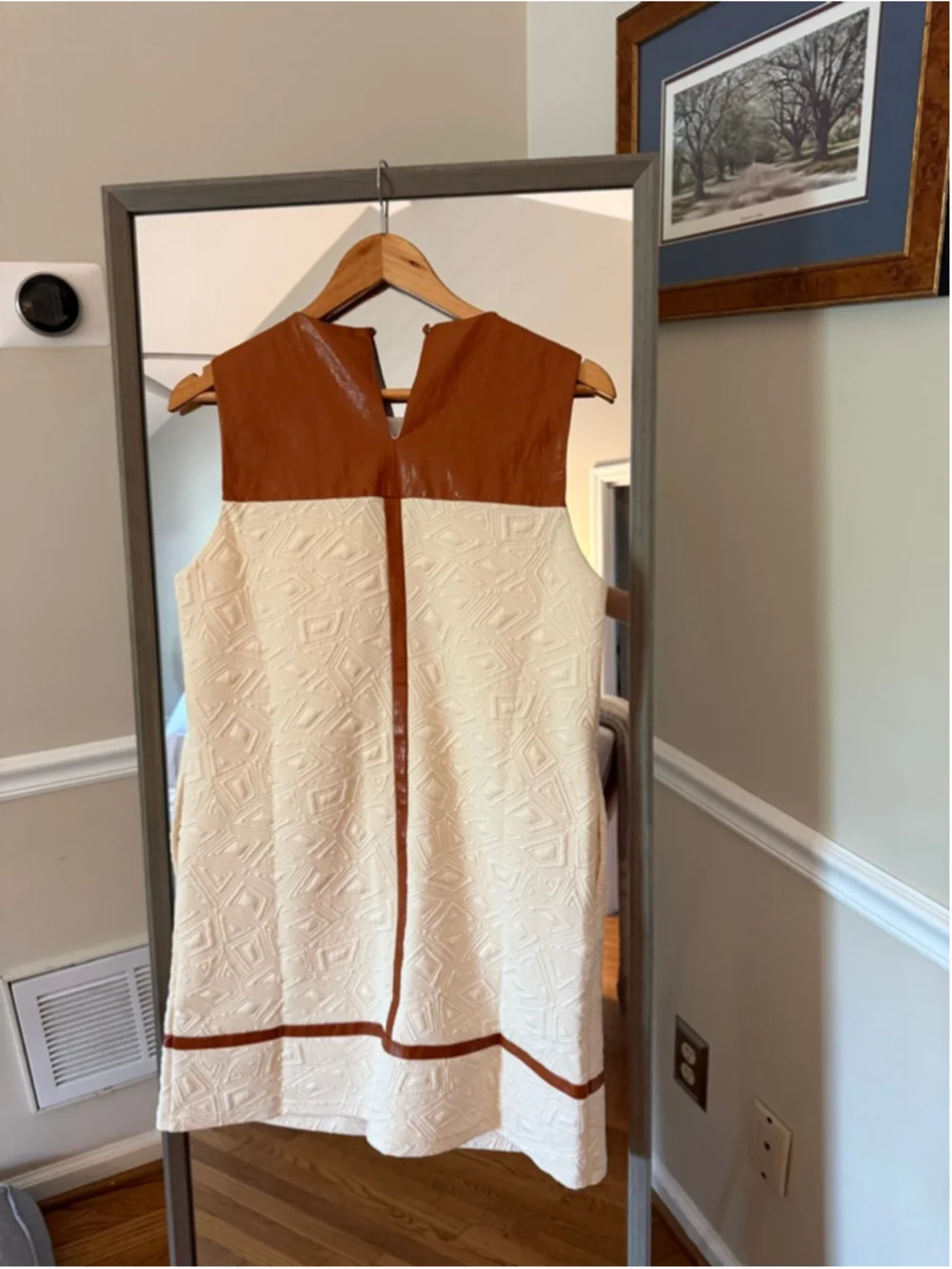 Women's THML White & Brown Sleeveless Dress S MIXED MEDIA TEXTURED MIDI-CREAM - Picture 7 of 7